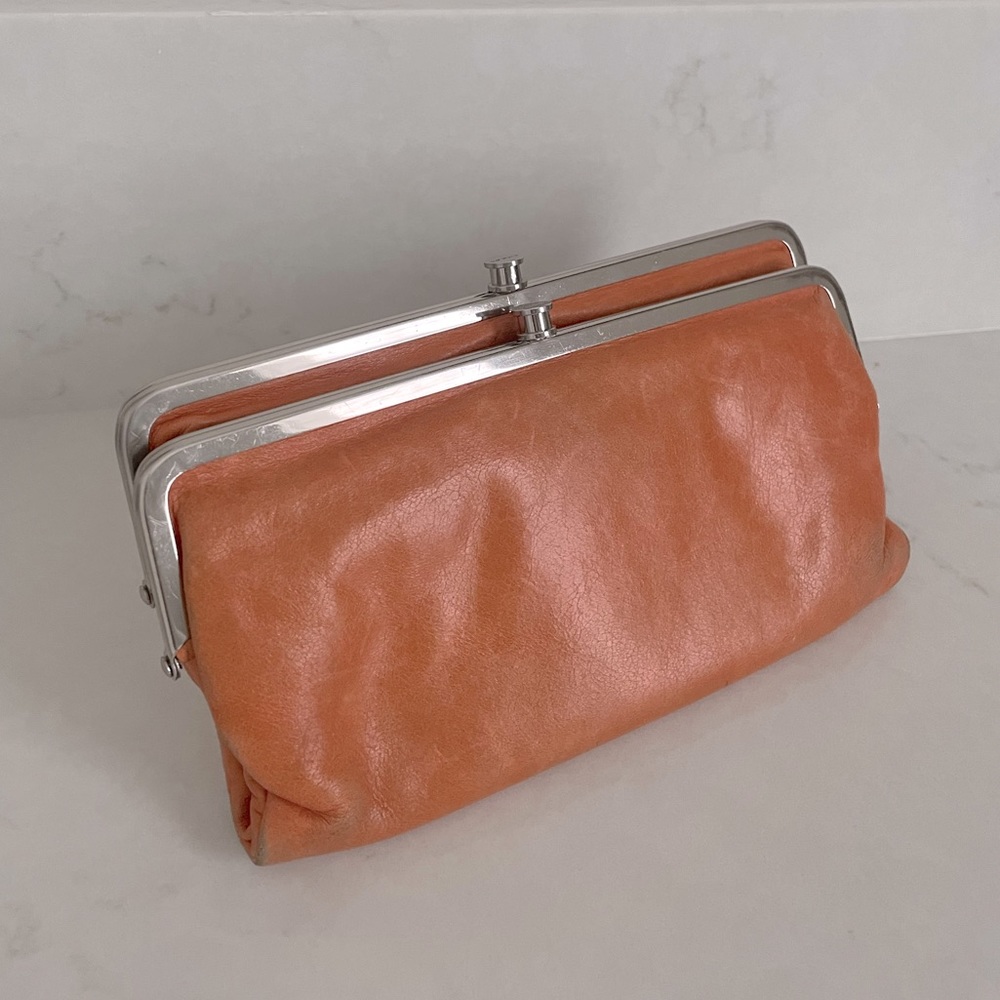 Orange hobo Lauren clutch wallet blue interior fabric purse